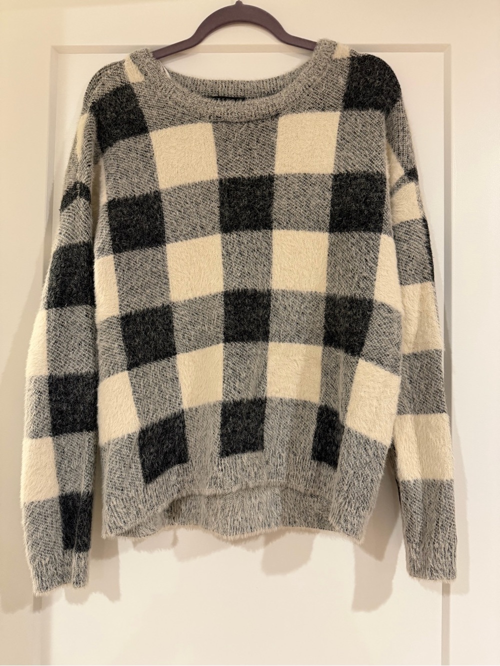 Cyrus Buffalo Check Crewneck Sweater in Cream and Gray